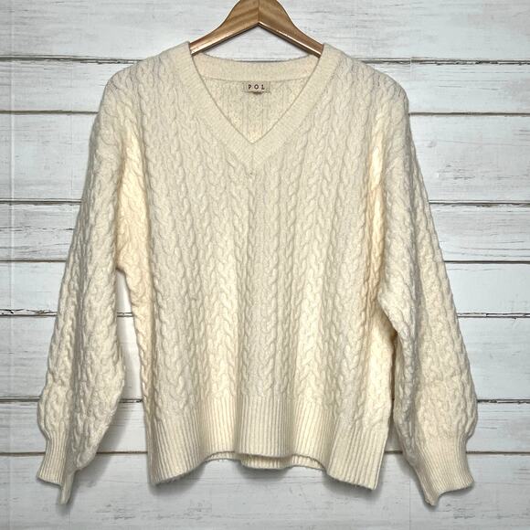 POL Cream Cable Knit V-Neck Sweater Cozy Chunky Pullover Size Small - Picture 2 of 9
